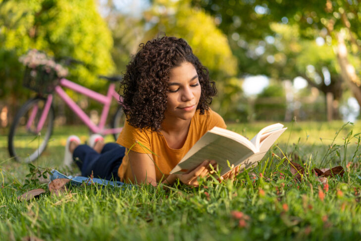 Girl, Book, Bicycle, Lying, Outdoors