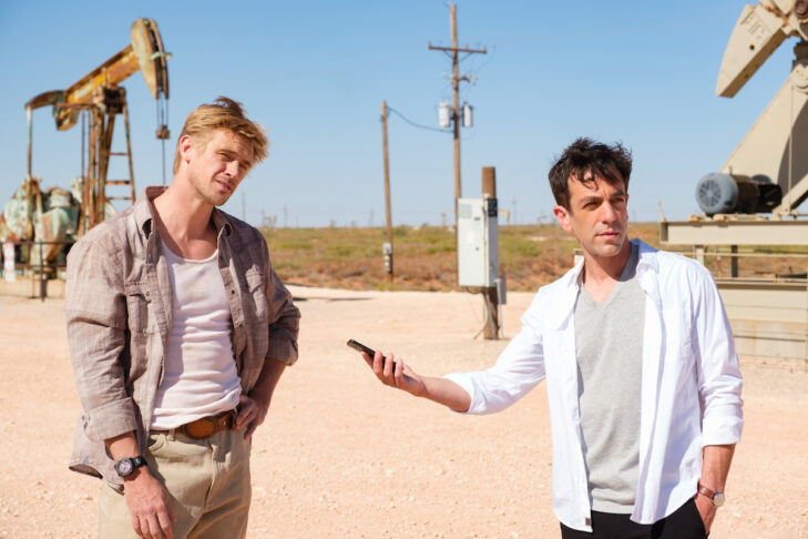 Boyd Holbrook as Ty Shaw and B.J. Novak, right, as Ben Manalowitz in “Vengeance” (Courtesy: Patti Perret/Focus Features)