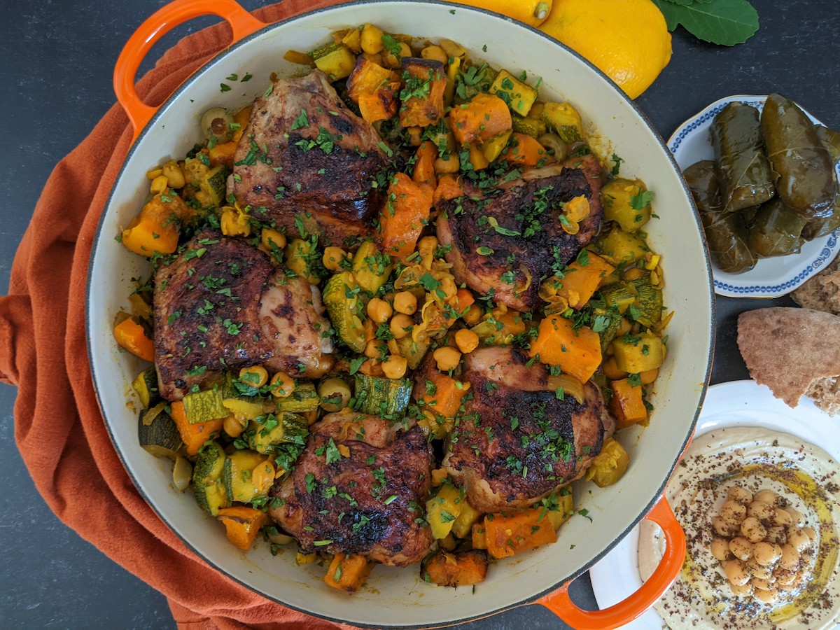 Hawaij Roast Chicken Tagine With Chickpeas, Zucchini, Olives and Butternut Squash
