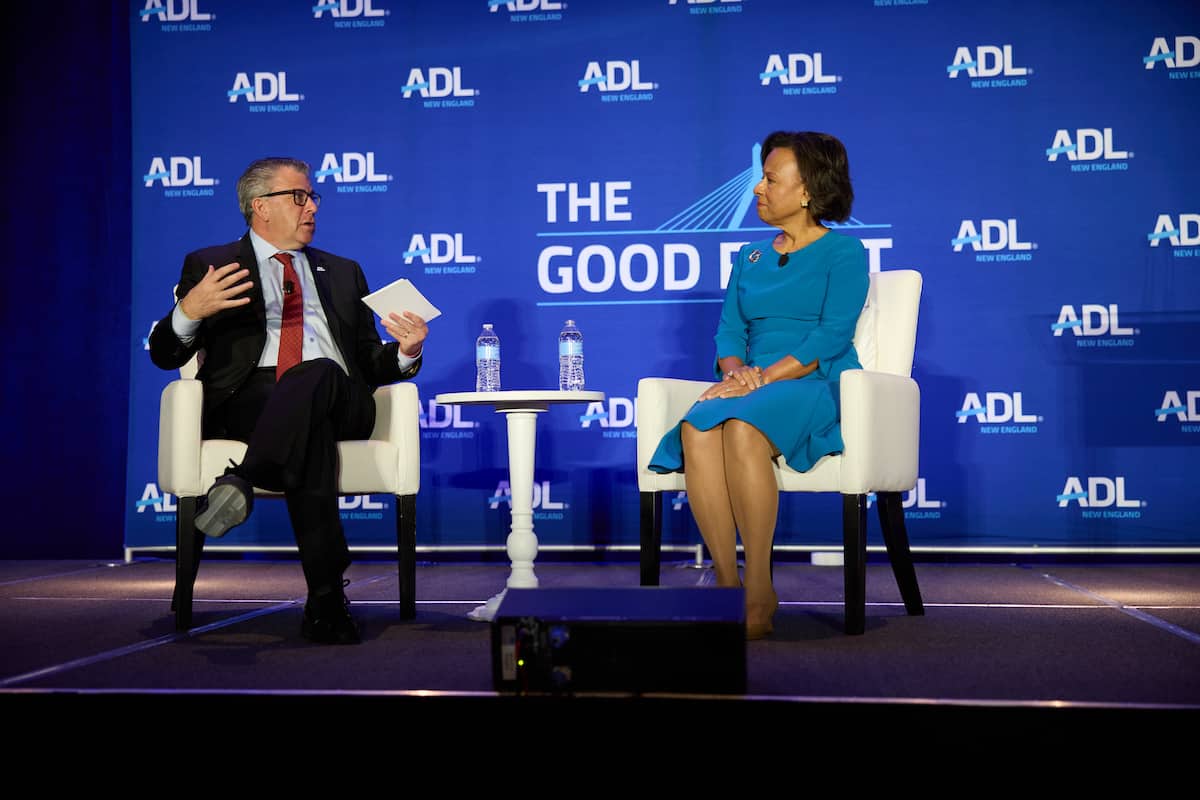ADL's Robert Trestan speaks with Wellesley College president Dr. Paula Johnson at The Good Fight on Oct. 30, 2022 (Photo: Jared Charney/ADL)