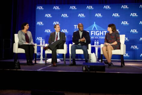 From left: Peggy Shukur, deputy regional director of ADL New England; Oren Segal, vice president of the ADL's Center on Extremism; Phillip Martin, senior investigative reporter for GBH; and Middlesex district attorney Marian Ryan speak at a panel discussion about white supremacy in New England at The Good Fight on Oct. 30, 2022 (Photo: Jared Charney/ADL)