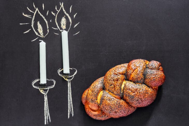 Candles drawn on a chalk board next to wicker bread