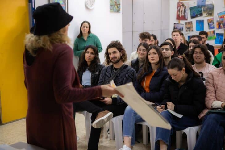 Tessa Veksler, Maya Sobel, Darin Matterman, Matthew Karofsky listening to speaker in Efrat, a Jewish community in the West Bank