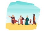 Old Testament exodus israelites of Egypt with Moses prophet leading people from slavery, flat vector illustration isolated on white background. Exodus or Jewish Passover.