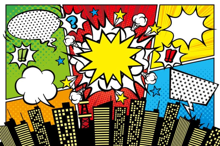 City background material with comic art style speech bubbles comic book