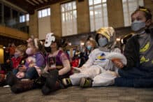 Children wearing costumes at a Purim Celebration at Temple Israel of Boston