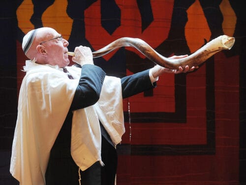 10/4/16-- SUDBURY-- Mitch Kramer, of Sudbury, sounds the shofar at Congregation Beth El, ushering in the Jewish New Year 5777. Kramer has been one of the synagogue's shofar blowers for some 25 years. His shofar is made from the horn of a kudu. The jewish high holidays conclude Wednesday, October 12, on Yom Kippur. Daily News and Wicked Local Staff photo/Art Illman