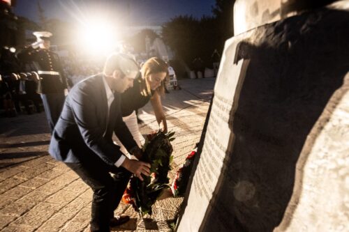 Rhonda lays a wreath at the 9-11 memorial