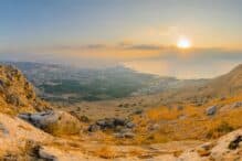 Panoramic sunrise view of the Sea of Galilee, from mount Arbel. Northern Israel