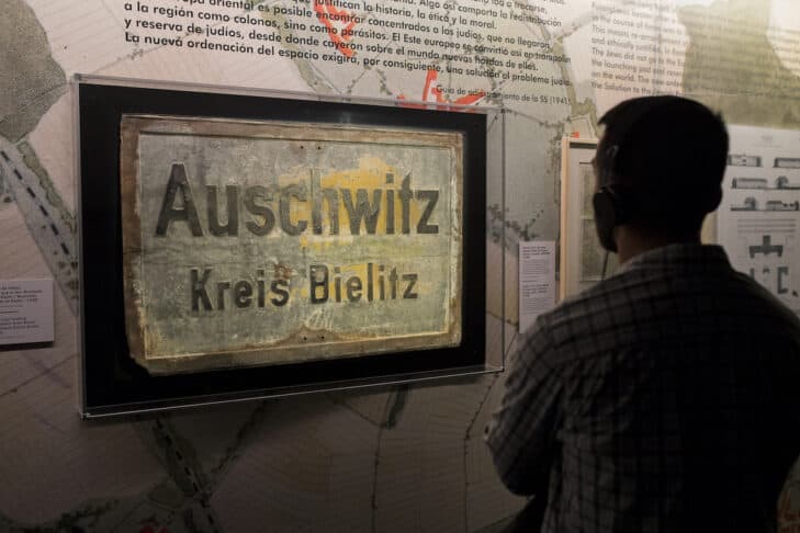 A close up of an Auschwitz sign at the exhibit Auschwitz. Not Long Ago. Not Far Away.