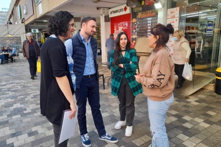 Meir Zimmerman, second from left, meets with partners at Parents at the Center, a place where families in struggling neighborhoods in Haifa, Israel, can connect, learn and thrive. (Photo courtesy CJP)