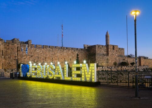 Installation “I love Jerusalem” against the background of the walls of the old city and the Tower of David, Israel
