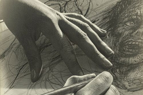 HBI exhibit (1200 x 800 px) Two hands on a piece of paper, a pen in one hand, in the act of drawing a face of a person with an open mouth and wide eyes.