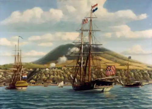 Weitzman National Museum of American Jewish History The First Salute First official salute to the American flag on board an American warship in a foreign port, 16 November 1776. Painting by Phillips Melville, depicting Continental Brig Andrew Doria receiving a salute from the Dutch fort at St. Eustatius, West Indies (Courtesy: Colonel Phillips Melville/Naval History and Heritage Command/United States Department of the Navy)