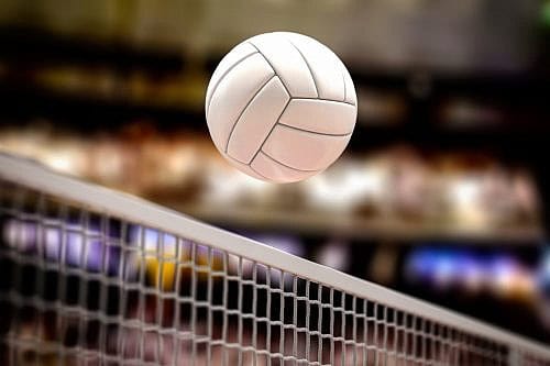 Volleyball Volleyball ball and net in voleyball arena during a match. 3d illustration